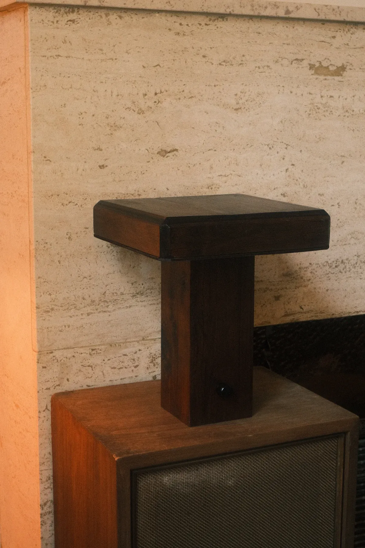 The assembled timber reading lamp, with a square head and front rotary control
